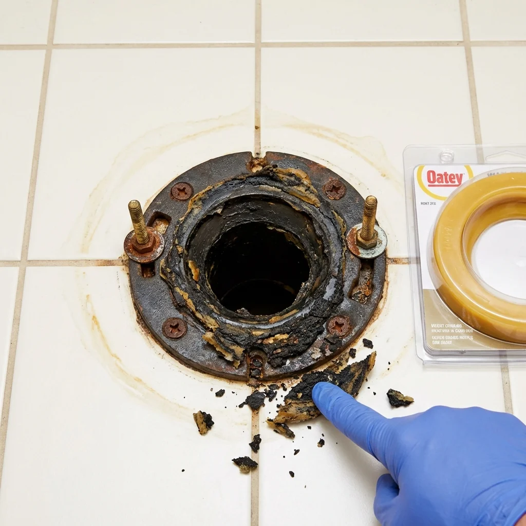Failed wax ring showing water seepage at the base of a toilet in a Kingston, IL home
