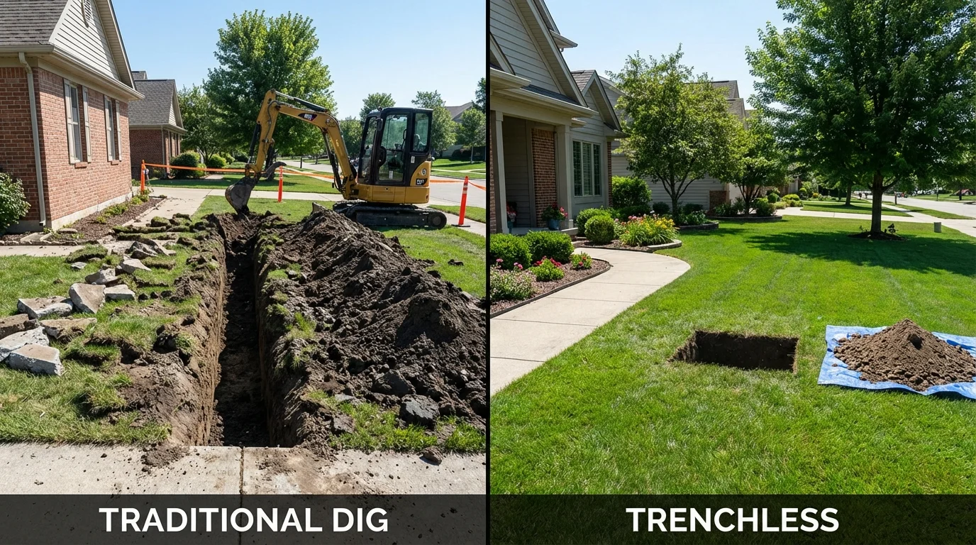 Trenchless sewer repair with minimal yard damage versus traditional excavation in Kingston, IL