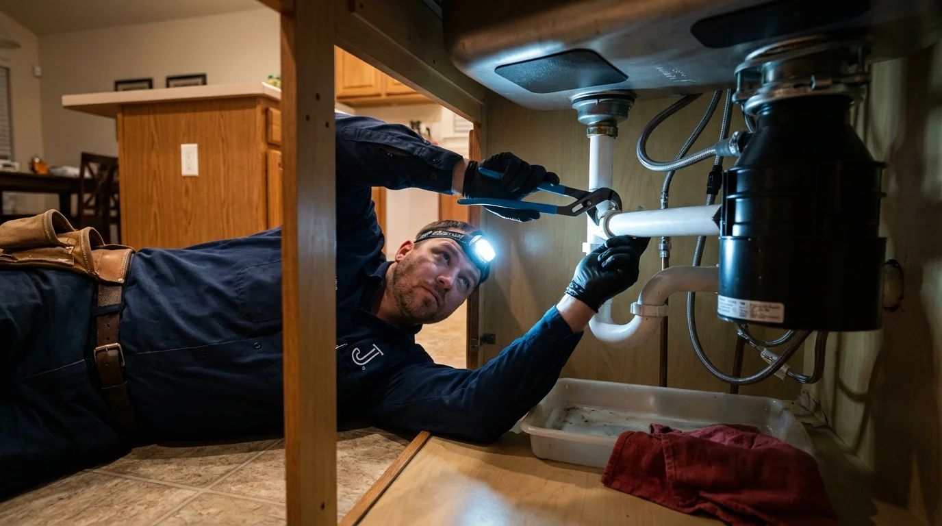P-trap and supply line connections under a kitchen sink showing a common leak point in Kingston, IL
